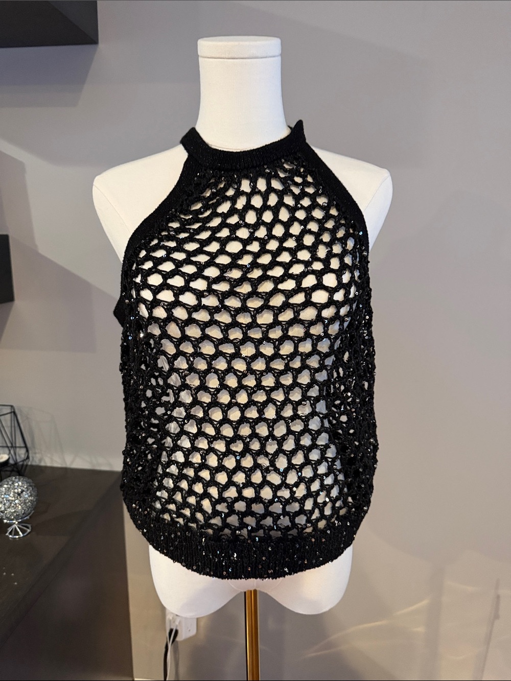 L'agence Black Crochet Open-Knit Halter Tank Top